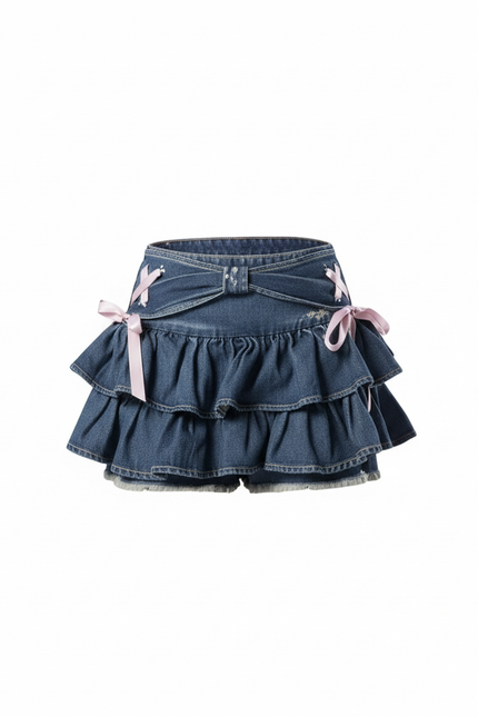 Jupe Jean Mini À Volants Fluide