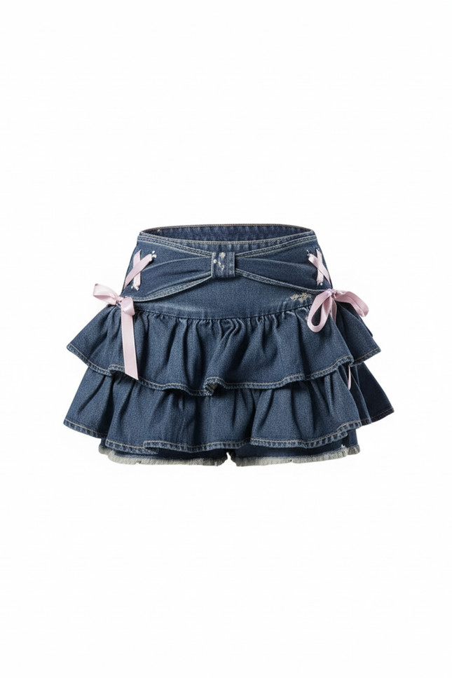 Jupe Jean Mini À Volants Fluide