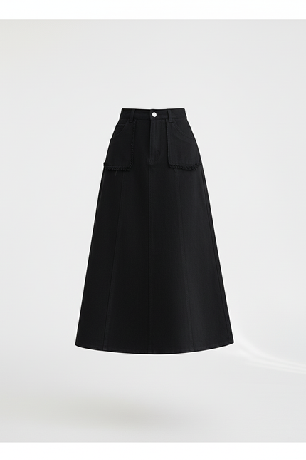 Jupe Jean Noire Frangée Taille Haute Chic