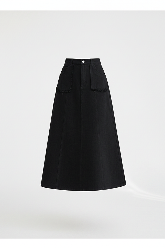 Jupe Jean Noire Frangée Taille Haute Chic