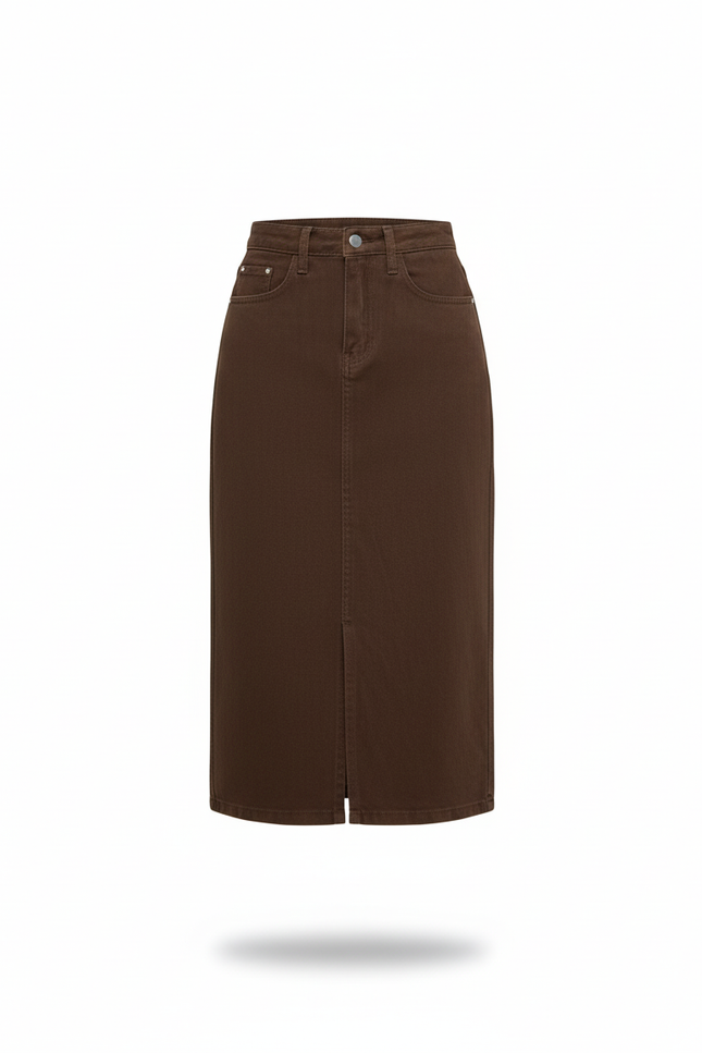 Jupe Jean Marron Droite Fendue Chic