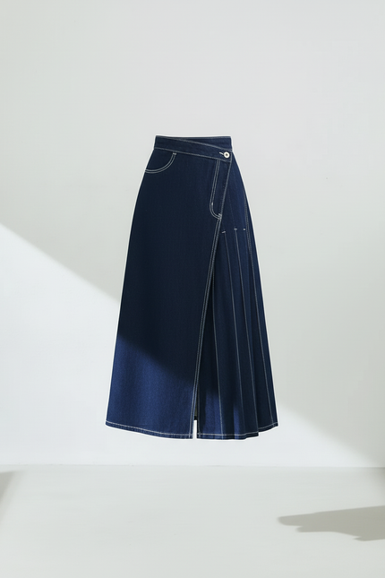 Jupe Jean Bleue Foncée Plissée Irrégulière Décontractée