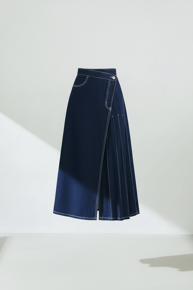Jupe Jean Bleue Foncée Plissée Irrégulière Décontractée