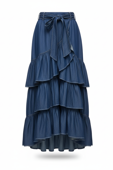 Jupe Jean À Volants Asymétrique Fluide