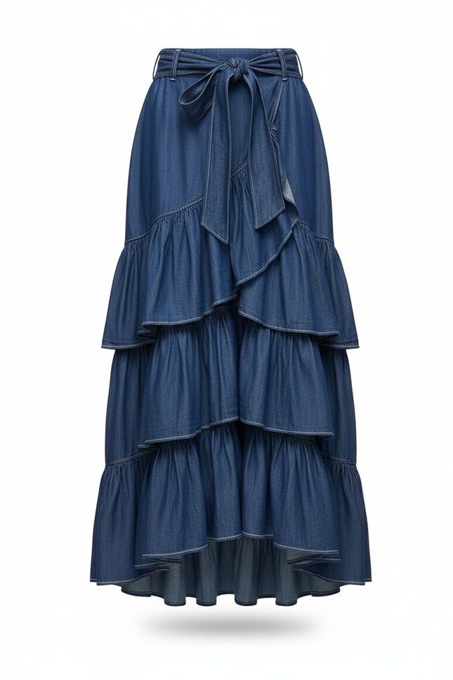 Jupe Jean À Volants Asymétrique Fluide