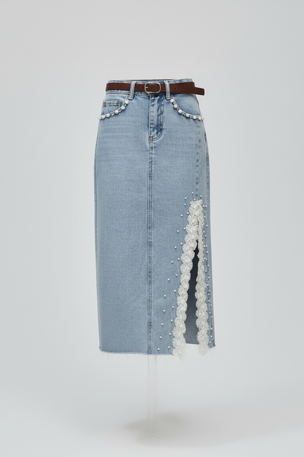 Jupe Jean Fendue Dentelle Perles Chic
