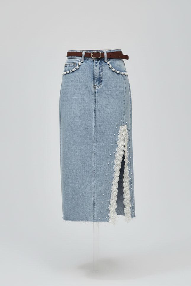 Jupe Jean Fendue Dentelle Perles Chic