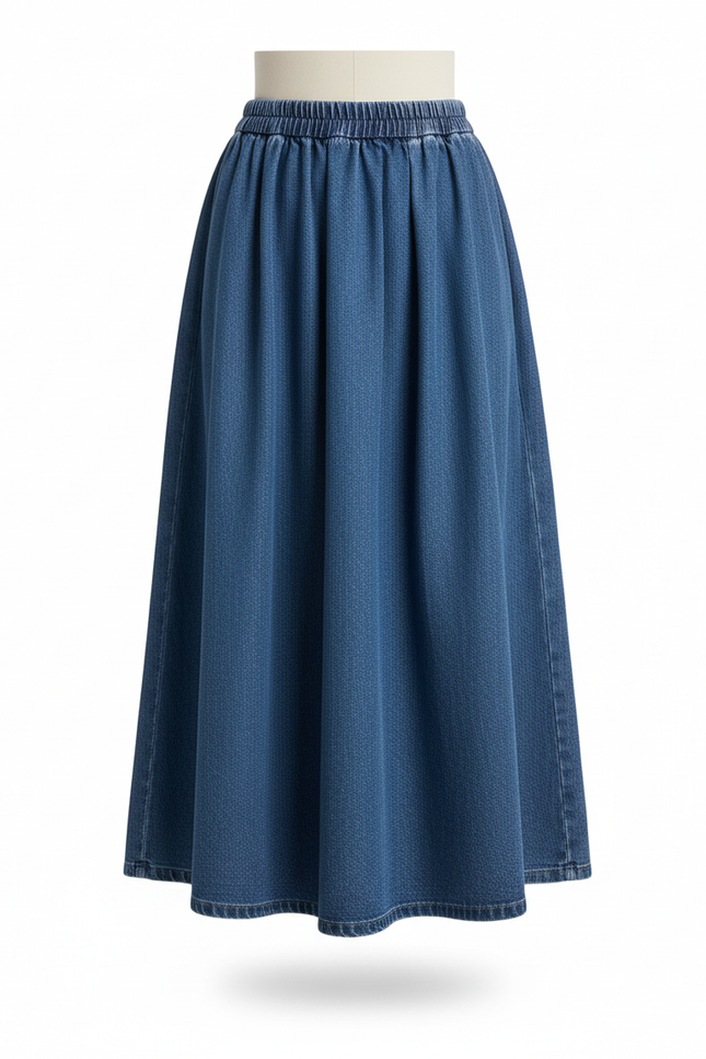 Jupe Jean Midi Taille Haute Plissée