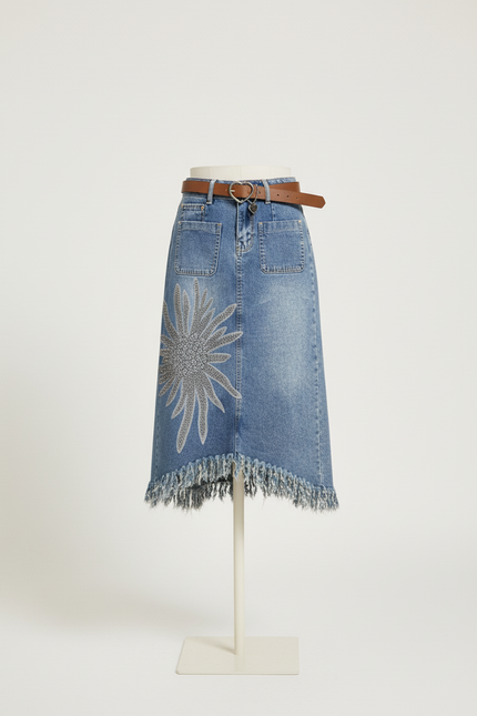 Jupe Jean Brodée Effilochée Chic