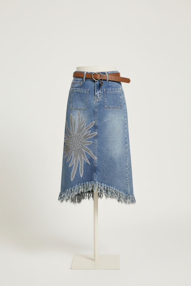 Jupe Jean Brodée Effilochée Chic