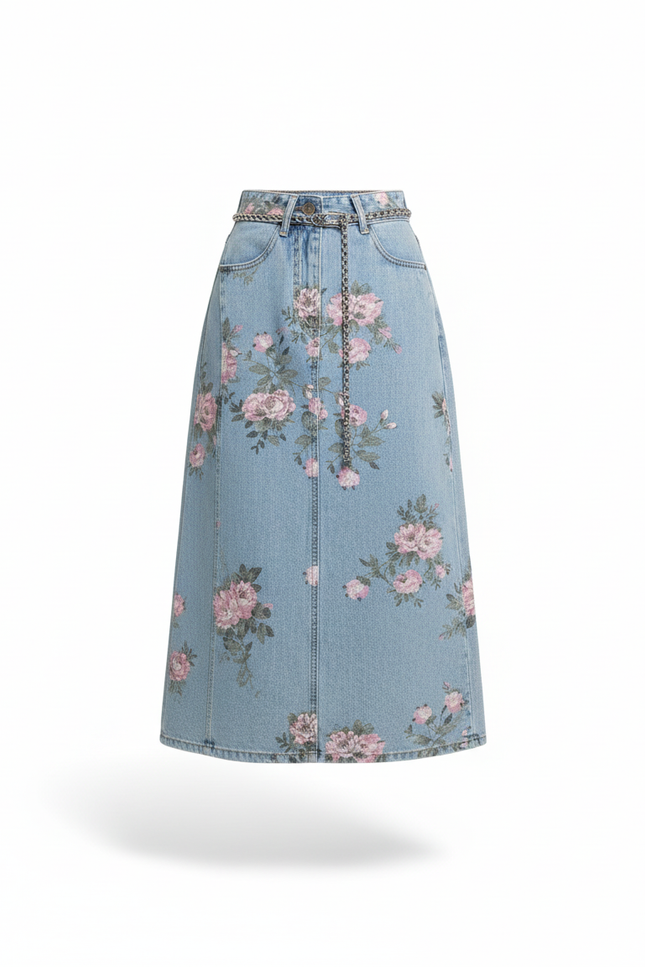 Jupe Jean Denim Clair Motif Floral Bohème