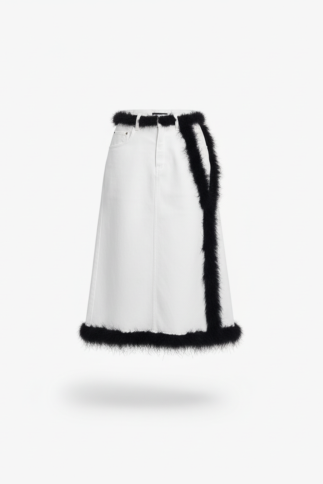 Jupe Jean Blanc Bordure Fourrure Chic