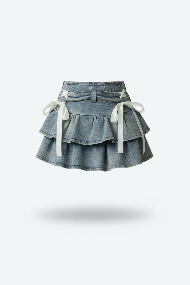 Jupe Jean Délavée À Volants Kawaii