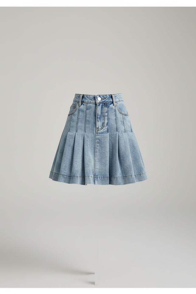 Jupe Jean Plissée Taille Haute Mini