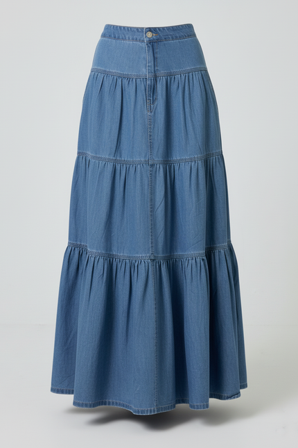 Jupe Jean Longue Étagée Fluide