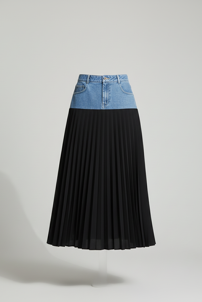 Jupe Jean Patchwork Plissée Longue