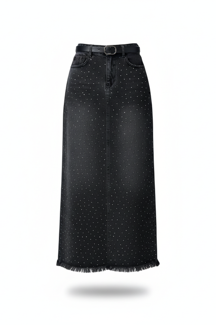Jupe Jean Noir Délavé Strass Chic
