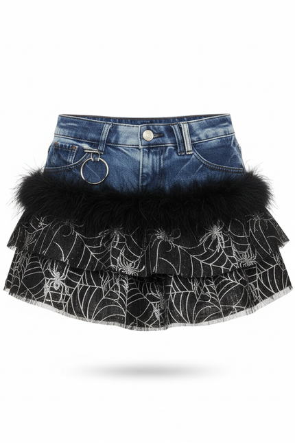 Jupe Jean Toile D'Araignée Fausse Fourrure Gothic