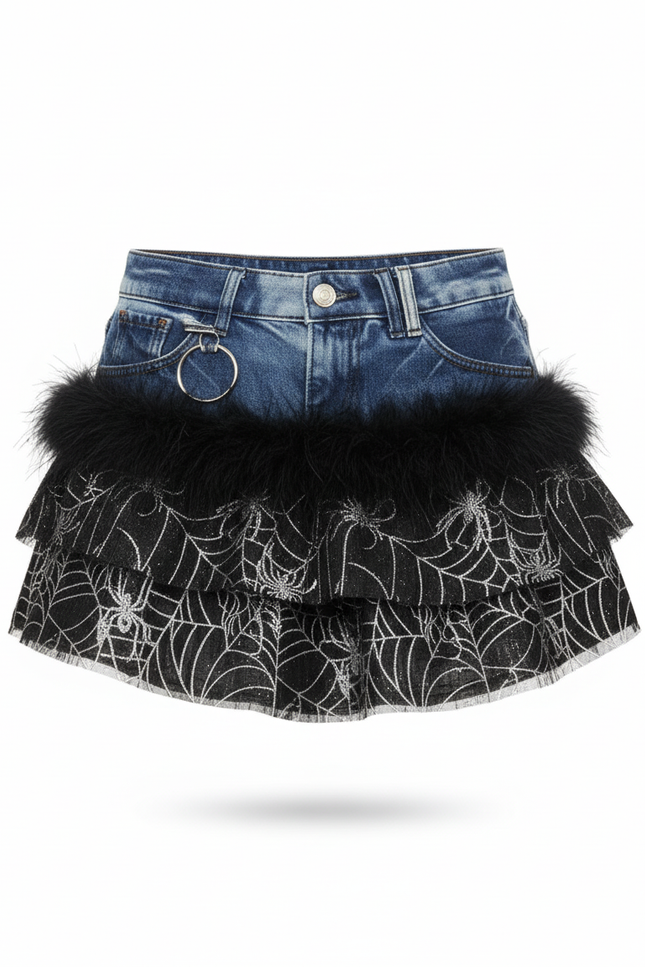 Jupe Jean Toile D'Araignée Fausse Fourrure Gothic