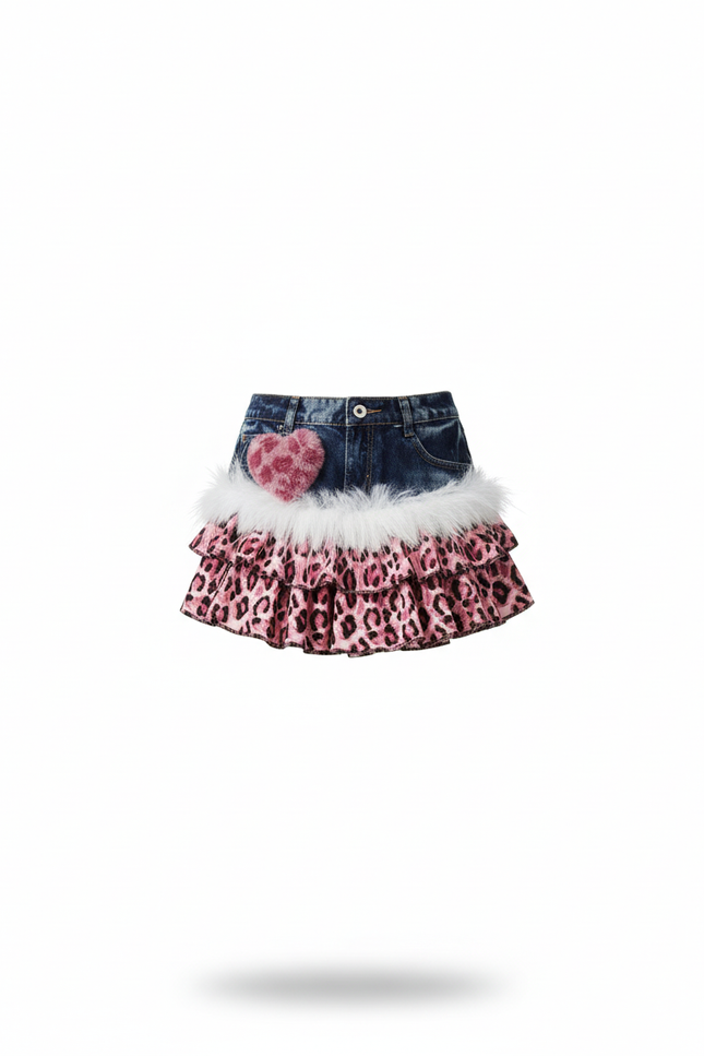 Jupe Jean Faux Fur Léopard Y2K