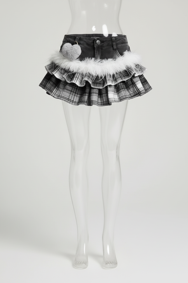 Jupe Jean Plaid Fausse Fourrure Plissée