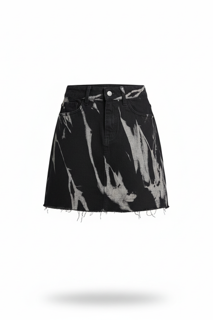 Jupe Jean Noire Délavée Ourlet Effiloché Décontractée