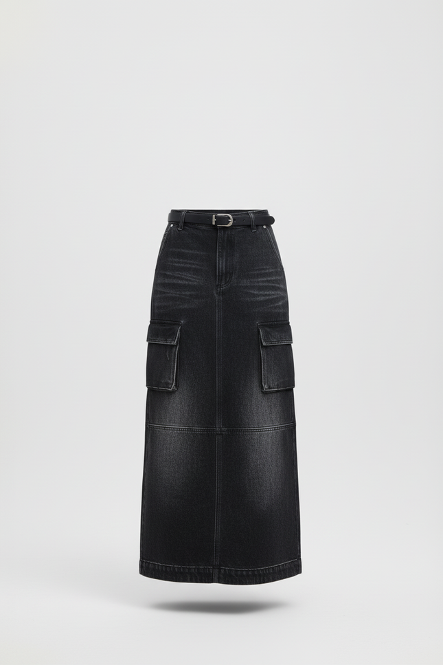 Jupe Jean Gris Délavé Cargo Décontractée