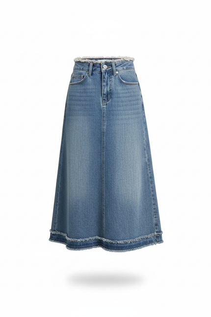 Jupe Jean Midi Frangée Tendance